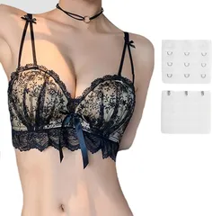 Lunon 女装 ブラジャー セクシー フリルレース フルカップ 延長ホック 付き おとこの娘 下着 胸 コスプレ ノンワイヤー 男の娘 ブラック：Cカップ/アンダー 約85cm(ブラック：Cカップ/アンダー 約85cm)