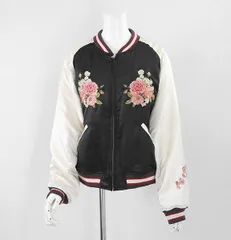 PINK HOUSE 花＆JAPAN 刺繍 スカジャン 黒 (中綿入) ◆ 和柄 和風 キルティング ジップアップ ジャケット ブルゾン ピンクハウス ◆G071