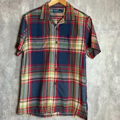 ポロバイラルフローレン 半そでシャツ 開襟シャツ オープンカラー マドラスチェック 木ボタン マルチカラー Mサイズ ★お値段交渉を受け付けます。【A0142】