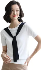 hopesun shirt レディースリブニットサマーニット 5分袖半袖シャツ セーター ストレッチ クロスタイトップス Uネック プチカットソー ボウタイ きれいめシャツ( NEWホワイト,  M)