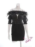 ブラック [AOC-3882]【an/アン】ラメ/ 楊柳シフォン/ フリル/ ジッパー/ ビジューキャミ/ 2WAY/ オフショル/ 五分袖/ タイト/ ミニドレス/ キャバドレス / ワンピース