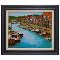 中島達幸「アムステルダム　ハルリンヘンの港」油彩画 額入り F8号 美品 風景画