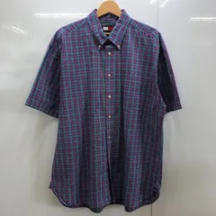 90's TOMMY HILFIGER/トミーヒルフィガー 90年代 vintage ヴィンテージ チェック柄 半袖 シャツ ボタンダウン ワンポイントロゴ オーバーサイズ ビックシルエット インド製 メンズ XL パープル/ブルー