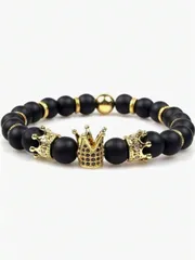 ジュエリー メンズ ブレスレット 1個 天然ターコイズビーズブレスレット、ゴールドクラウンエラスティックブレスレット