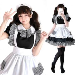 【在庫処分】黒 白 フリル 衣装 半袖 エプロン カチューシャ コスプレ 変装 メイド 制服 sサイズ 喫茶店 大きい 撮影 高品セット ハロウイン メイド服 文化祭 チェック柄 イベント 可愛い パーティー [JUNDOMECY] (L)