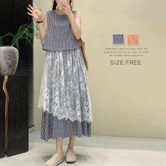 チェック柄 ワンピース フェイクレイヤード ノースリーブ レディース ロング丈 レース 夏 きれいめ タンクワンピース フレアワンピース 涼しい 春夏 ナチュラル  zzr0630542bb8a