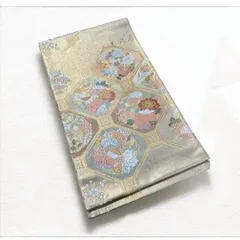 シルバーグレー×六角形の花籠文様　袋帯　【A】