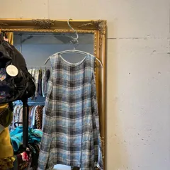 @ タバサ TABASAリネン 麻 チェック 総柄 ブラウス シャツ 青