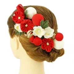 髪飾り 成人式 振袖 袴 ２点セット 赤 白 大人 かんざし 簪 卒業式 フォーマル 結婚式 花飾り 玉飾り つまみ細工 ちりめん 手作り W65 W304-255 髪飾り 赤 n982　WSi