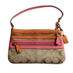 良品 COACH コーチ シグネチャー キャンバス アクセサリーポーチ ポシェット ハンドバッグ ベージュ系 レディース 古着 中古 USED