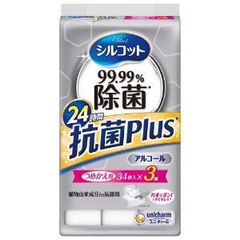 「ユニ・チャーム」シルコット　99．99％除菌ウェットティッシュ抗菌Ｐｌｕｓ　つめかえ用　34枚×3個パック