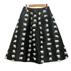 ノーブランド スカート タックスカート フレア フリンジ ひざ丈 0 黒 ブラック 白 ホワイト