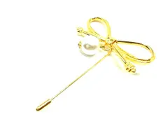 ■美品■ Salvatore Ferragamo フェラガモ リボン パール ピンブローチ ピンバッジ アクセサリー レディース ゴールド系 DH0157