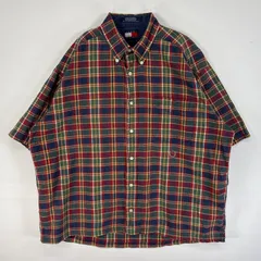 古着 90's/90年代 トミーヒルフィガー TOMMY HILFIGER 半袖シャツ リネン 短丈 旧ロゴ 刺繍 L マルチカラー チェック メンズ