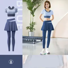 ヨガウェア 上下セット レディース 吸汗速乾 セットアップ レイヤード風 重ね着風 半袖 トップス ロング丈 ボトムス ハイウエスト Tシャツ 