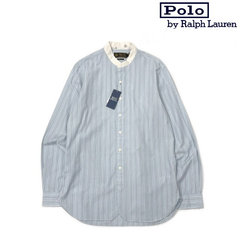 ラルフローレン ノーカラーシャツ US購入 青 ストライプ柄190131