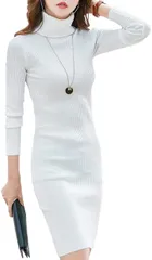 Ptika ニット ワンピース レディース 秋冬 タートルネック タイト 長袖 アクサセリー 付き( ホワイト,  Free Size)