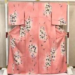 ［きものキレイ］小紋（袷）ピンク　花柄　身丈163cm　裄丈67.5cm　絹　リユース　　K034