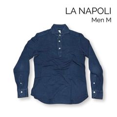 LA NAPOLI 長袖 鹿の子 ポロシャツ メンズ size M コットン ネイビー 紺 イタリア製 ビジネス カジュアル
