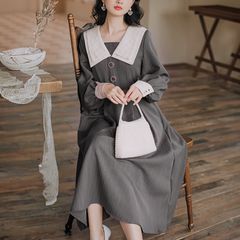 ワンピース】チェルシーカラータックフレアワンピース（グレー