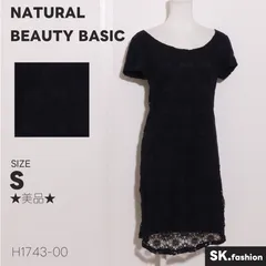 ★美品★ NATURAL BEAUTY BASIC ナチュラルビューティーベーシック ワンピース　膝丈　半袖　レース　フォーマル　コットン100％ 　ネイビー　 【H1743-00】 送料無料　古着　レディース