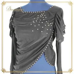 社交ダンス 衣装 スタンダード トップス パーティー レッスンウェア 練習着 Sanline サンリーヌ 無地 シンプル ブラック系 黒 長袖 ラインストーン パーティードレス オンラインレッスン ダンスウェア フィット感 伸縮性 ストレッチ モノトーン