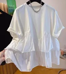 シャツ 切り替え レディース フリル 春 夏 半袖Tシャツ トップス ブラウス カットソー フリル裾 ペプラム 異素材 半袖ブラウス クルーネック 無地 フレア裾 体