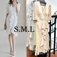 ピンクベージュS/M/L 送料無料 Luxury Dress ストレッチ無地×ペプラム風フリルマーメイド五分袖ミディドレス TR220101 韓国製 正規品 膝丈 ミディ丈 ミモレ丈 ワンピース カラー ドレス キャバドレス 銀座 クラブ キャバクラ 結婚式