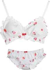 TOKYO GOODS MARKET 大きいサイズ ゆめかわ フリフリ ノンワイヤー ブラ ショーツ セット( ホワイト・イチゴ, XL)