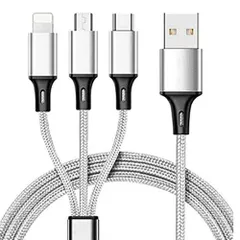 ライトニングケーブル 1.2M マルチUSBケーブル 3in1充電ケーブル 3A急速充電 iOS/Android/タイプC適用　同時充電  一本三役 　カラー：シルバー