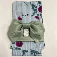（中古品） レディース 浴衣 変わり織 綿 水色ストライプ フリーサイズ 2点セット 帯 作り帯 淡緑色