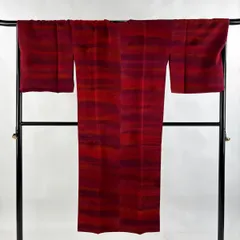 道行 身丈137cm 裄丈68cm L 和装コート 角衿 葉柄 霞 輪奈織 赤 正絹 美品 秀品 【中古】