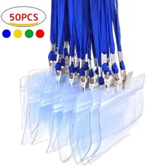 fiveAstar ID カード ホルダー ネックストラップ 名札 吊り下げ イベント スタッフ パス 名刺 社員証 ケース 入れ 首かけ 展示会 防水 セット 横型 タイプ 全4色 ネイビー 50枚 A008(ネイビー 50枚)