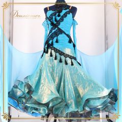 【社交ダンス衣装】ブルー Chacott チャコット ワンピース ドレス 水色 青 フロート フリル 黒 デモ 競技用 発表会  フリンジ レディース 服飾 おしゃれ イベント コスチューム