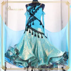 【社交ダンス衣装】ブルー Chacott チャコット ワンピース ドレス 水色 青 フロート フリル 黒 デモ 競技用 発表会  フリンジ レディース 服飾 おしゃれ イベント コスチューム