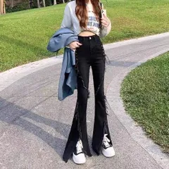 デニム パンツ ロングパンツ ブーツカット レディース スリム 黒 韓国ファッション カジュアル ジーンズ ズボン [735]