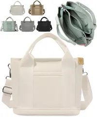 [グリーンパキラ] はんぷ手提げバッグ トートバック 帆布製 キャンバスバッグ 2WAY ペットボトルが入る ショルダーバッグ 女性用 人気 50代 レディース 斜めがけ てさげかばん ハンドバック 軽量 仕切り付き チャック付き 多機能 仕事用 [ホワイト]