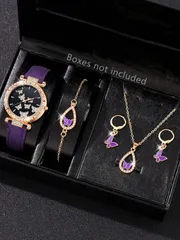 腕時計 レディース セット 女性用パープルストラップ ファッショナブルでシンプルなバースケール バタフライダイヤル クォーツ時計 ブレスレット ネックレス ピアス ジュエリーセット 5点、デイリーウェアの装飾やホリ