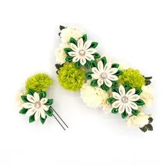 髪飾り ２点セット 緑 白 つまみ細工 ピンポンマム 成人式 花 和風 浴衣 着物 振袖 袴 ドレス 七五三 子供 結婚式 卒業式 入学式 送料無料 ヘアコーム ヘアアクセサリー 髪留め 大きめ 日本製 グリーン W75 324-279 u910　Si