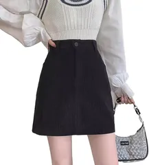 SLOW＆MELLOW ミニスカート コーデュロイ カジュアル 台形 Aライン 膝上 丈 シンプル ハイウエスト 2カラー タイト ショート 無地 ファスナー 可愛い ひざ丈 ひざ上(ブラック,  XL)