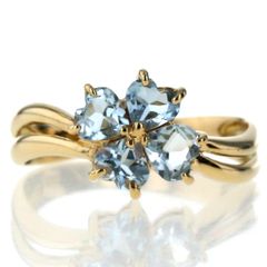 K18YG イエローゴールド リング アクアマリン 花 フラワー クローバ ウェーブ 指輪 9号【新品仕上済】【zz】【中古】