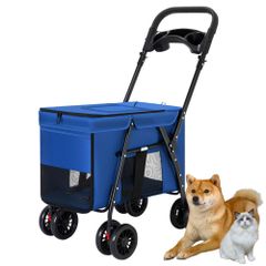 【人気商品】PonyLes ペットカート 中型犬 バギー 多頭 軽量 小型犬 猫 コンパクト 折り畳み 組み立て簡単 4輪 前輪360°回転 後輪ブレーキ付き 介護用 折り畳みワンタッチ2WAYペットカート (ブルー)