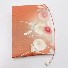 着物リメイク 布ブックカバー 花柄 文庫本サイズ 水引しおり付り ハンドメイド オレンジ B065