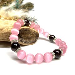 キャッツアイ(ピンク)×ガーネット パワーストーン ブレスレット  (シルバー) メンズ・レディース　男性・女性　数珠ブレス 開運 [23]