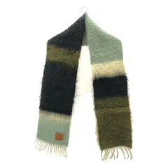 【美品】  LOEWE / ロエベ | ウール モヘヤ アナグラム レザーパッチ フリンジ ストライプ スカーフ マフラー | マルチカラー | レディース
