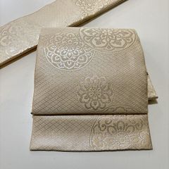 ★ 美品　つくり帯　白ベージュ　花　幾何学★r0100