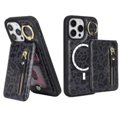 Ｈａｖａｙａ いphone14Pro Max ケース MagSafe 対応 iPhone 14 Pro Max ケース マグセーフ 分離式 リング付き 耐衝撃 カード収納 ファスナー ワイヤレス充電対応（6.7インチ対応）-ブラック ヒョウ柄