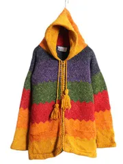 【お得なクーポン配布中!】 手編み エクアドル製 総柄 フルジップ ハンド ニット パーカー メンズ L レディース XL 程/ 古着 ハンドメイド セーター ジャケット フード