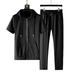 上下セット メンズ セットアップ 半袖 ジップアップ パーカー ロング丈 パンツ ルームウェア 部屋着 普段着 運動着 快適 無地 薄手 ランニング ウォーキング ジム おしゃれ 夏用 夏 baihui01