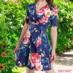 ワンピース 膝丈 5分袖 Vネック カシュクール 花柄 Aライン ハイウエストリボン S.M.L ネイビーブルー インポート from USA ロサンジェルスアパレル HM240523LA023